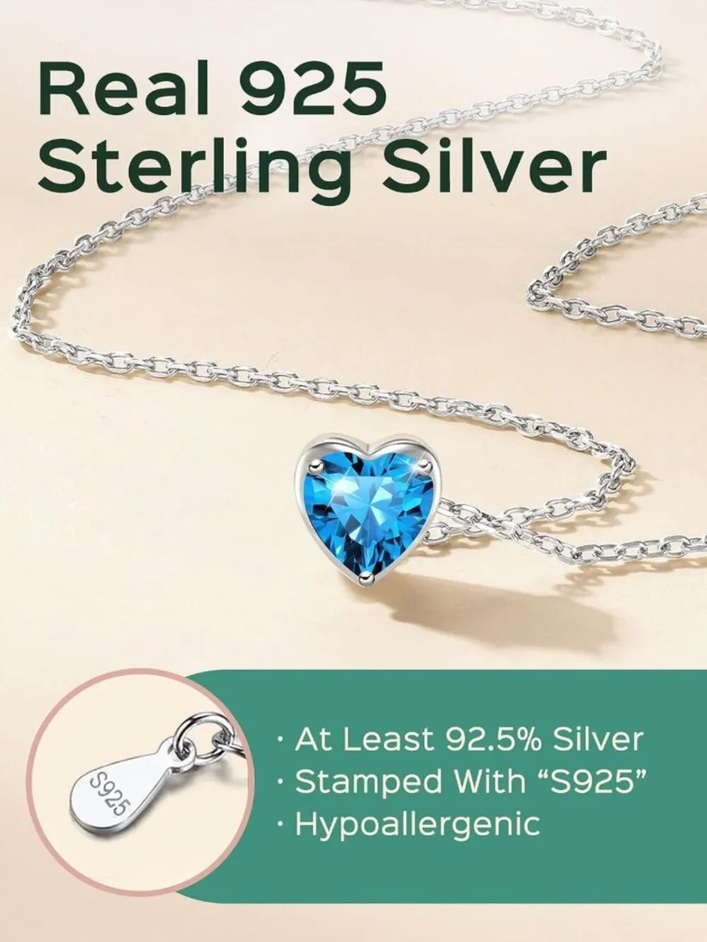 925 Sterling Silver Birthstone Pendant Necklace, 16